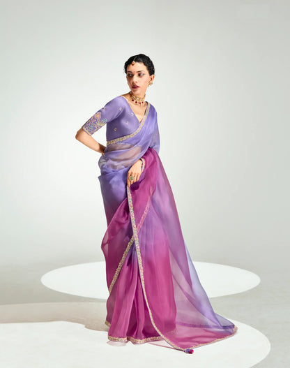 Lavender-Magenta Pink Organza Embroidery Saree