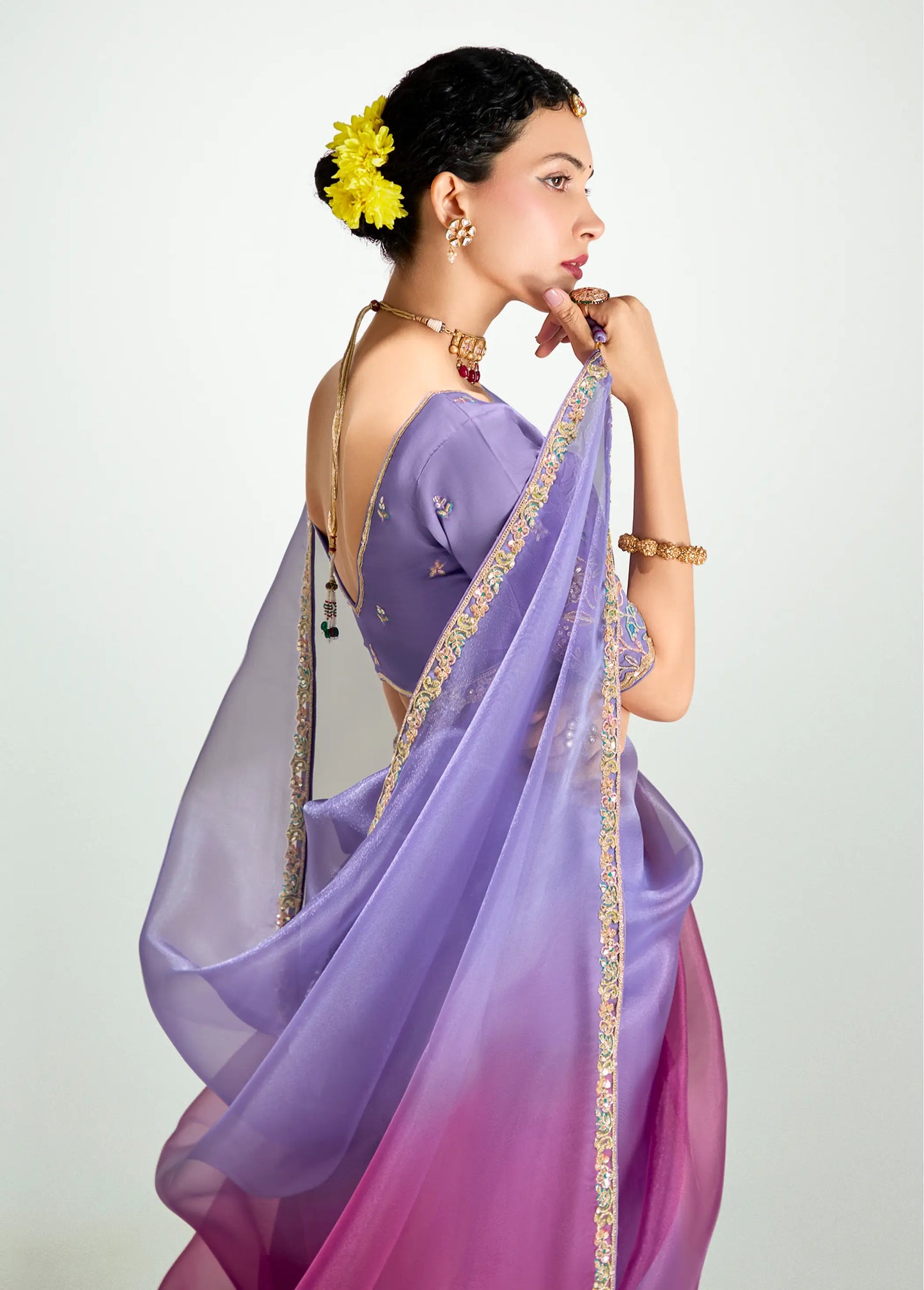 Lavender-Magenta Pink Organza Embroidery Saree