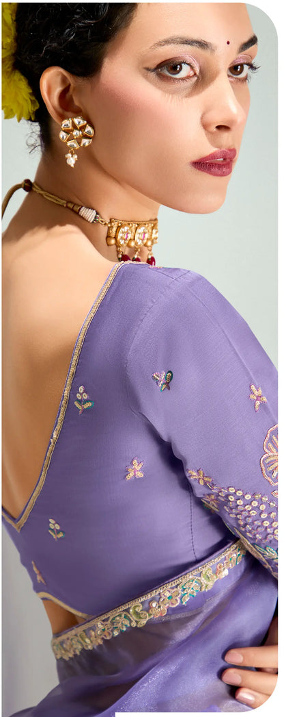 Lavender-Magenta Pink Organza Embroidery Saree