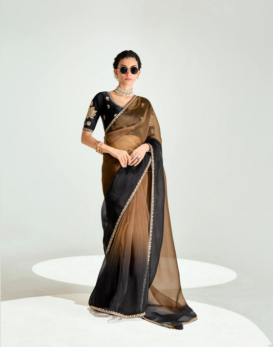 Black-Bear Brown Organza Embroidery Saree