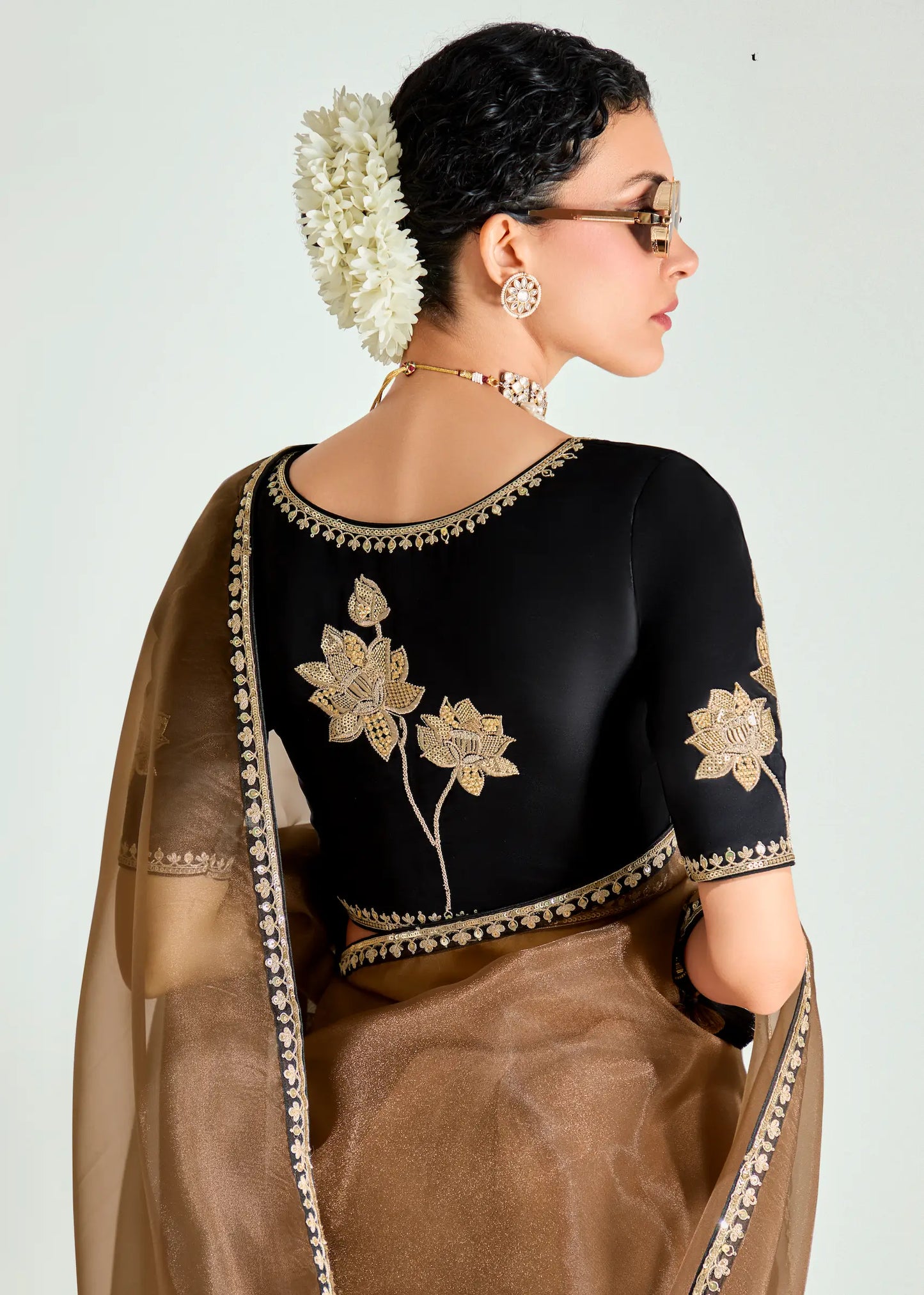 Black-Bear Brown Organza Embroidery Saree