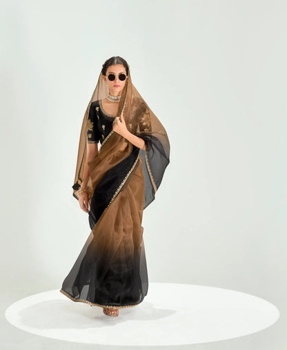 Black-Bear Brown Organza Embroidery Saree