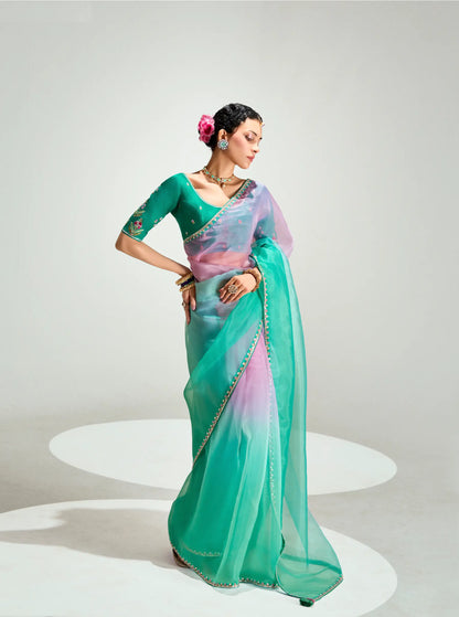 Teal Green-Powder Pink Organza Embroidery Saree