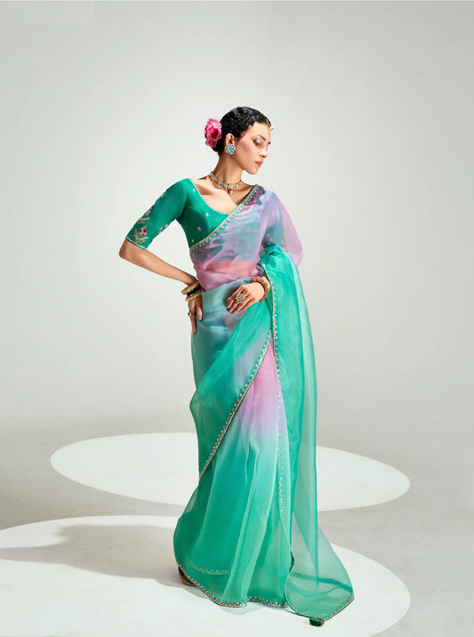 Teal Green-Powder Pink Organza Embroidery Saree