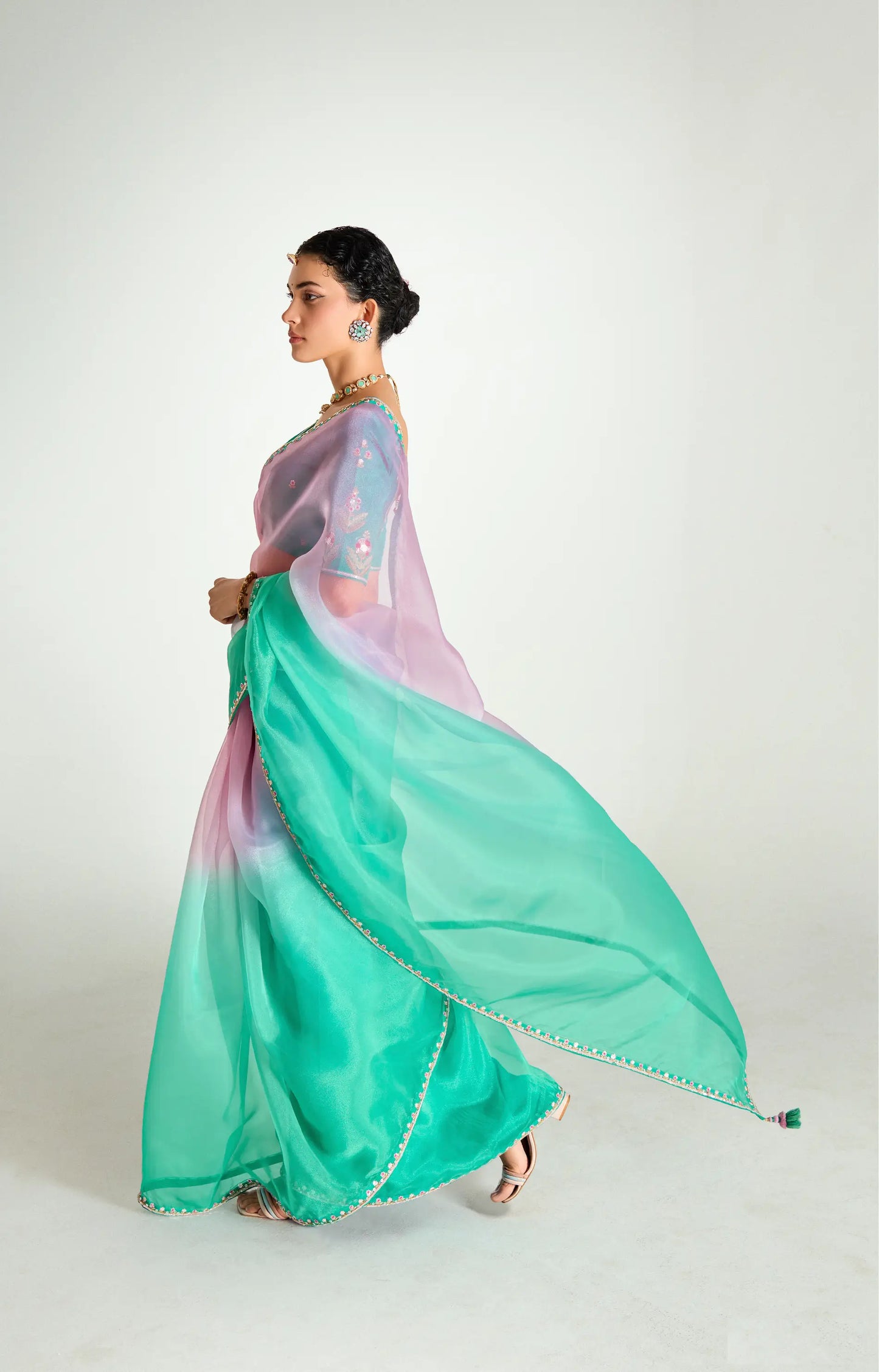 Teal Green-Powder Pink Organza Embroidery Saree