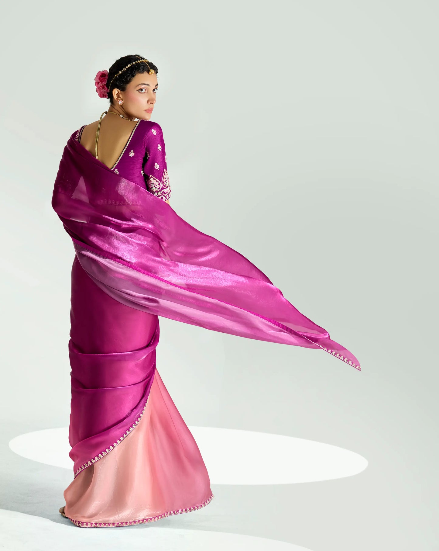 Dark Purple-Tulip Pink  Organza Embroidery Saree