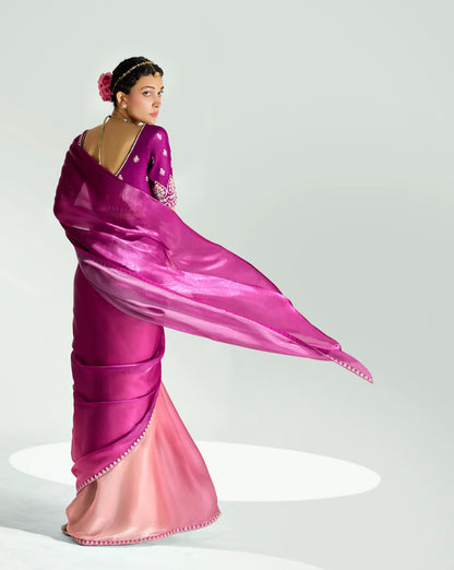 Dark Purple-Tulip Pink  Organza Embroidery Saree
