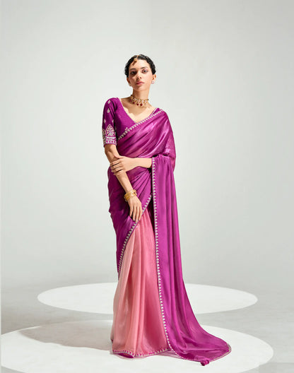 Dark Purple-Tulip Pink  Organza Embroidery Saree