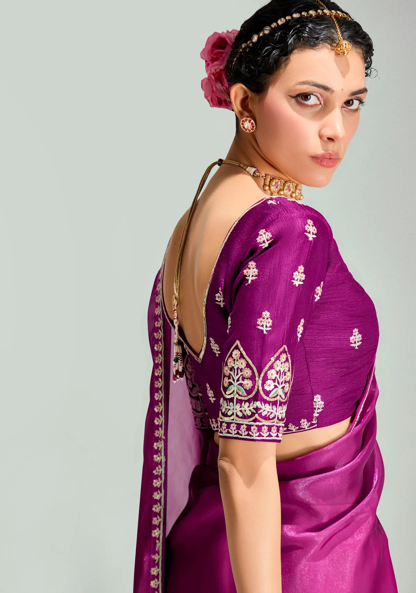 Dark Purple-Tulip Pink  Organza Embroidery Saree