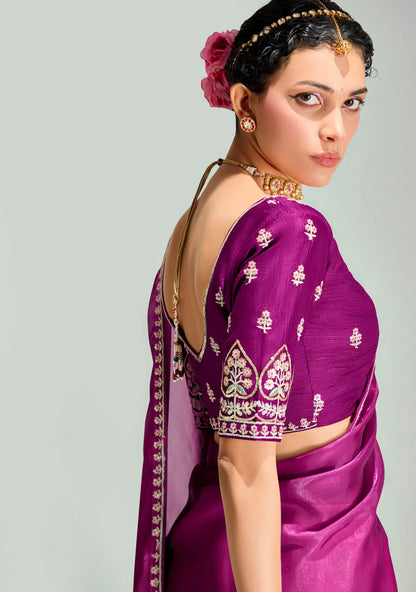 Dark Purple-Tulip Pink  Organza Embroidery Saree