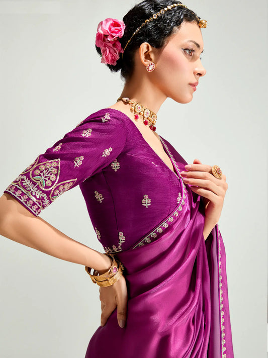 Dark Purple-Tulip Pink  Organza Embroidery Saree