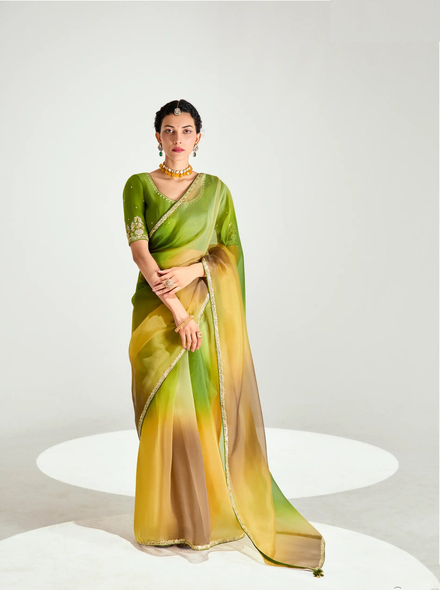Olive Green-Multicolor Organza Embroidery Saree