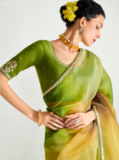 Olive Green-Multicolor Organza Embroidery Saree