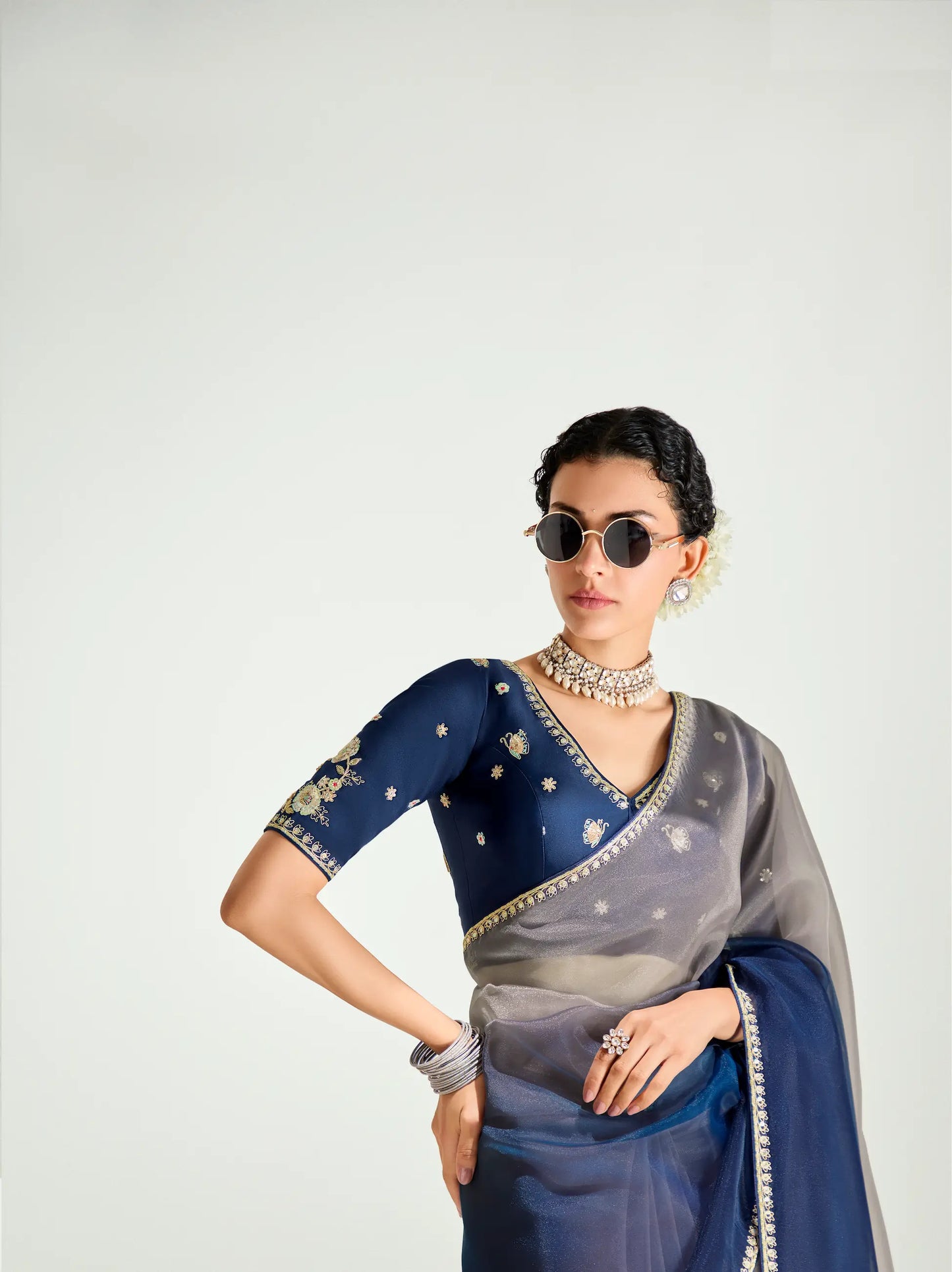 Navy Blue-Dusty Grey Organza Embroidery Saree