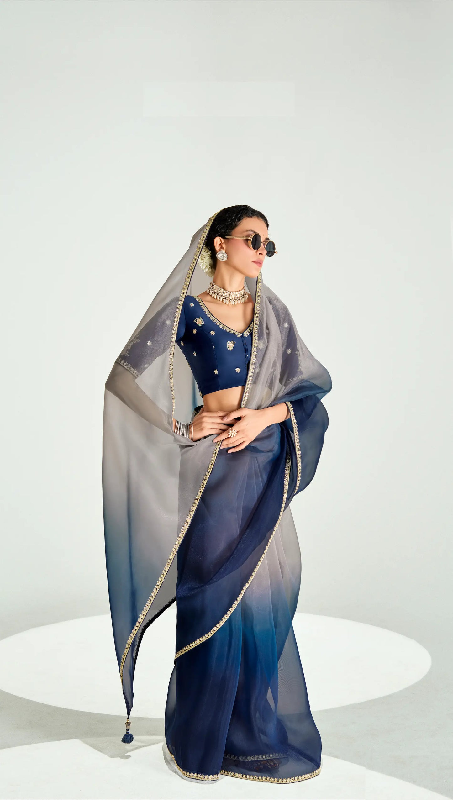 Navy Blue-Dusty Grey Organza Embroidery Saree