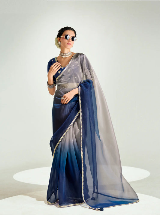 Navy Blue-Dusty Grey Organza Embroidery Saree