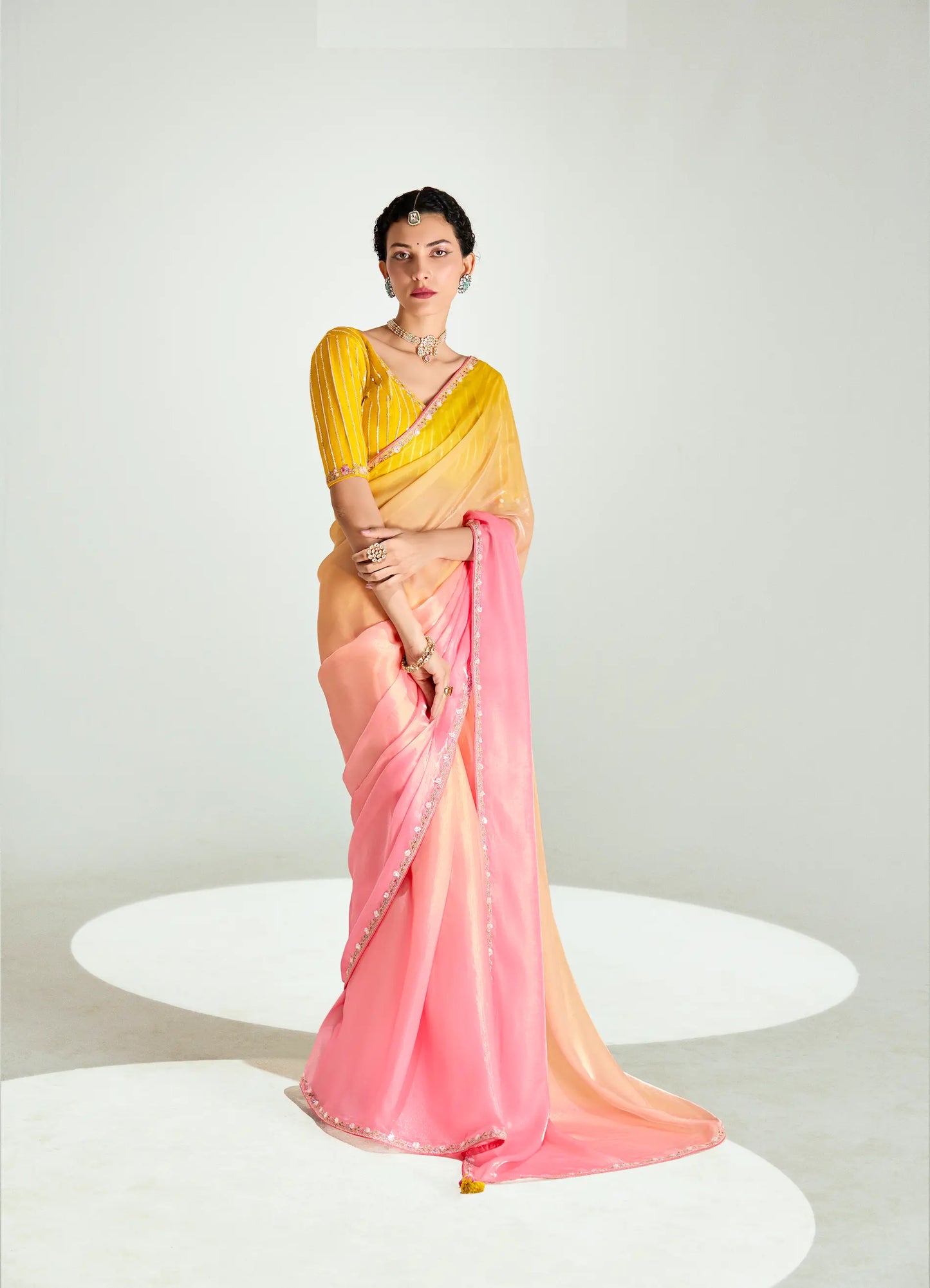 Yellow-Peach-Pink Organza Embroidery Saree