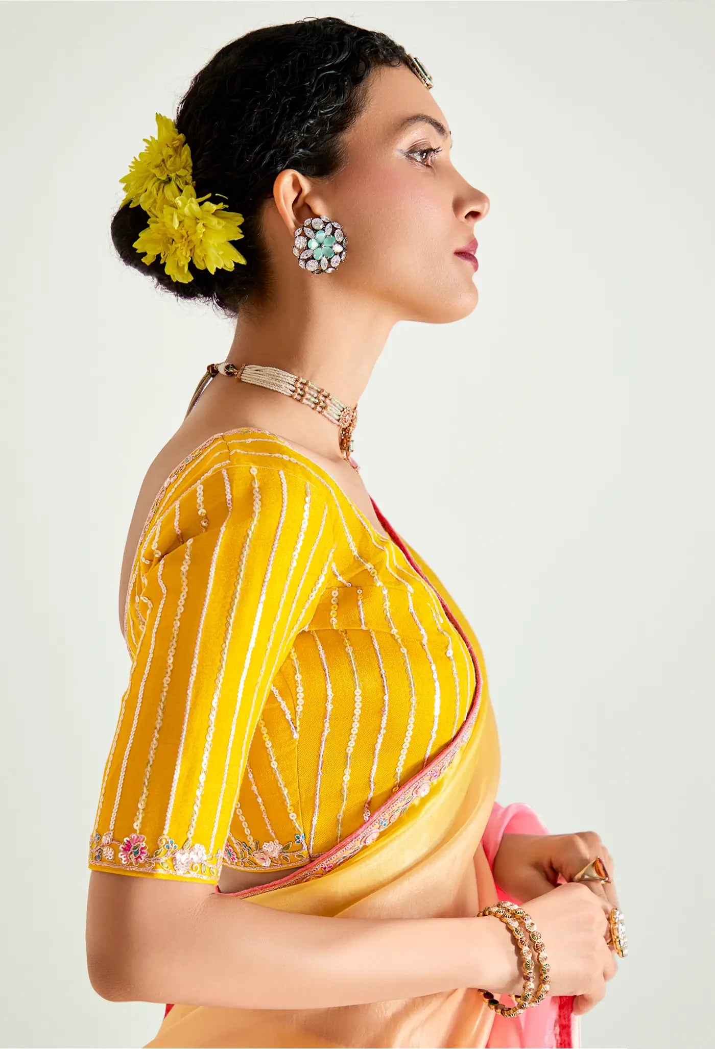 Yellow-Peach-Pink Organza Embroidery Saree