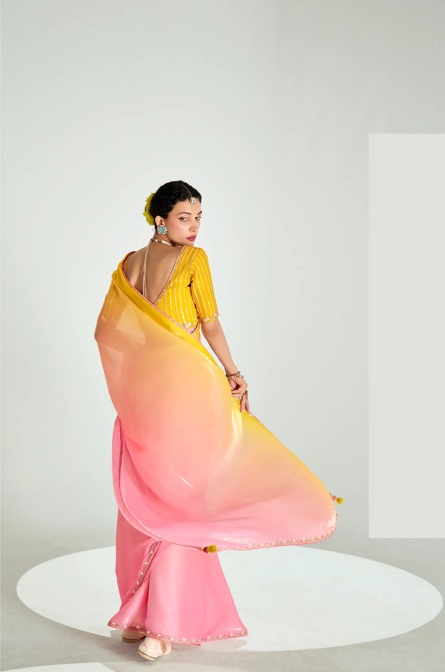 Yellow-Peach-Pink Organza Embroidery Saree