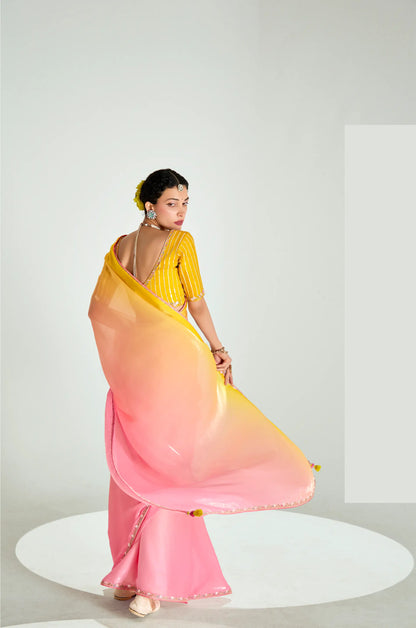 Yellow-Peach-Pink Organza Embroidery Saree