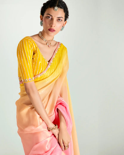 Yellow-Peach-Pink Organza Embroidery Saree
