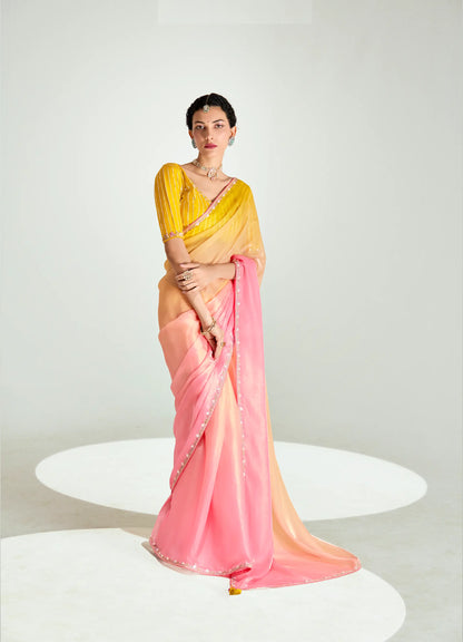 Yellow-Peach-Pink Organza Embroidery Saree