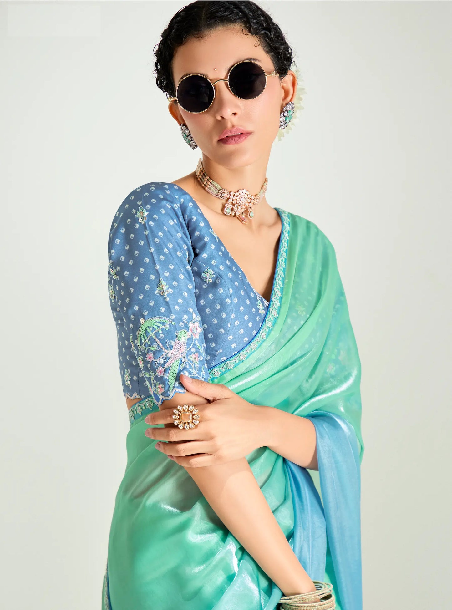 Powder Blue-Turquoise Green Organza Embroidery Saree