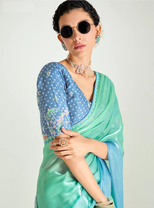 Powder Blue-Turquoise Green Organza Embroidery Saree