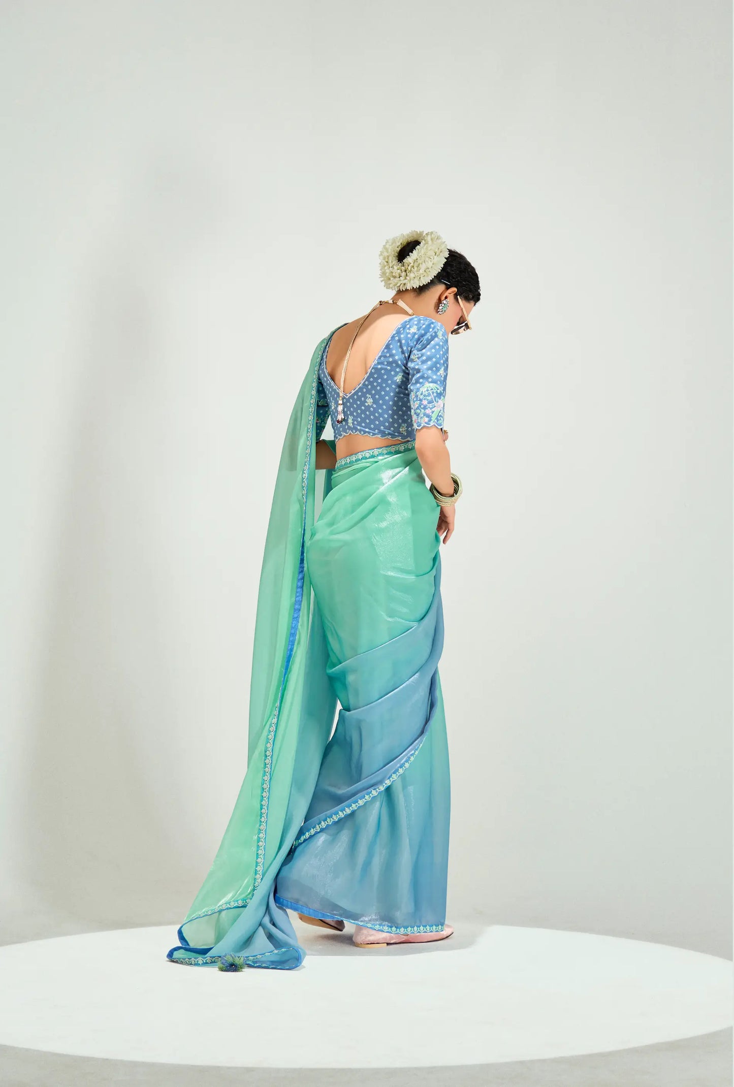 Powder Blue-Turquoise Green Organza Embroidery Saree