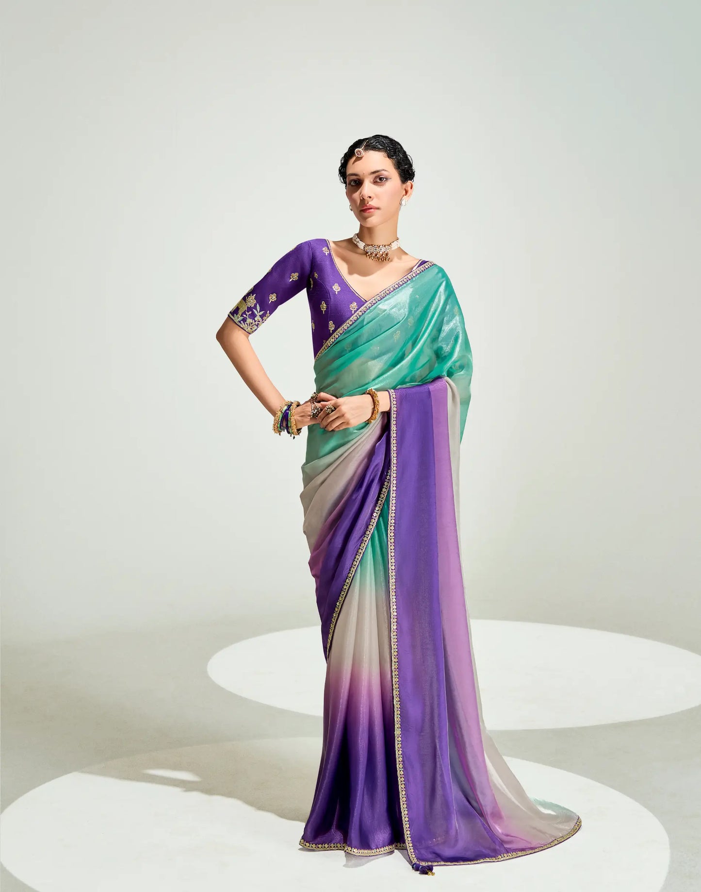 Purple-Multicolor Organza Embroidery Saree