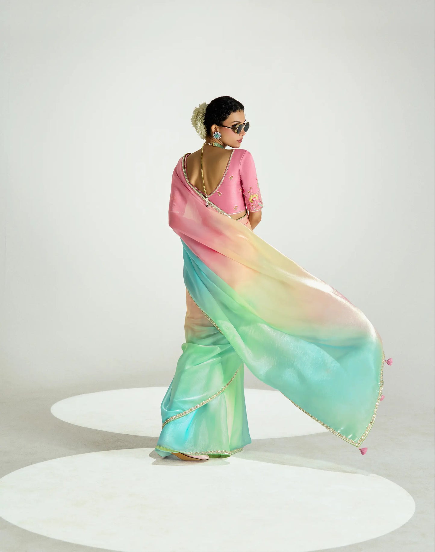 Salmon Pink-Multicolor Organza Embroidery Saree