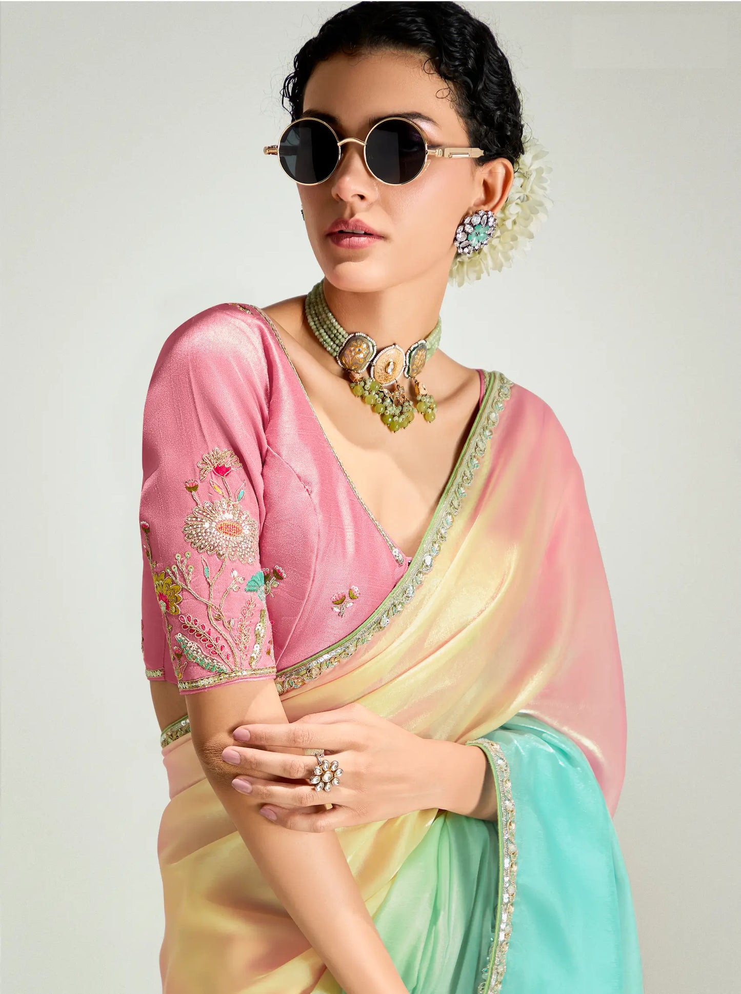 Salmon Pink-Multicolor Organza Embroidery Saree