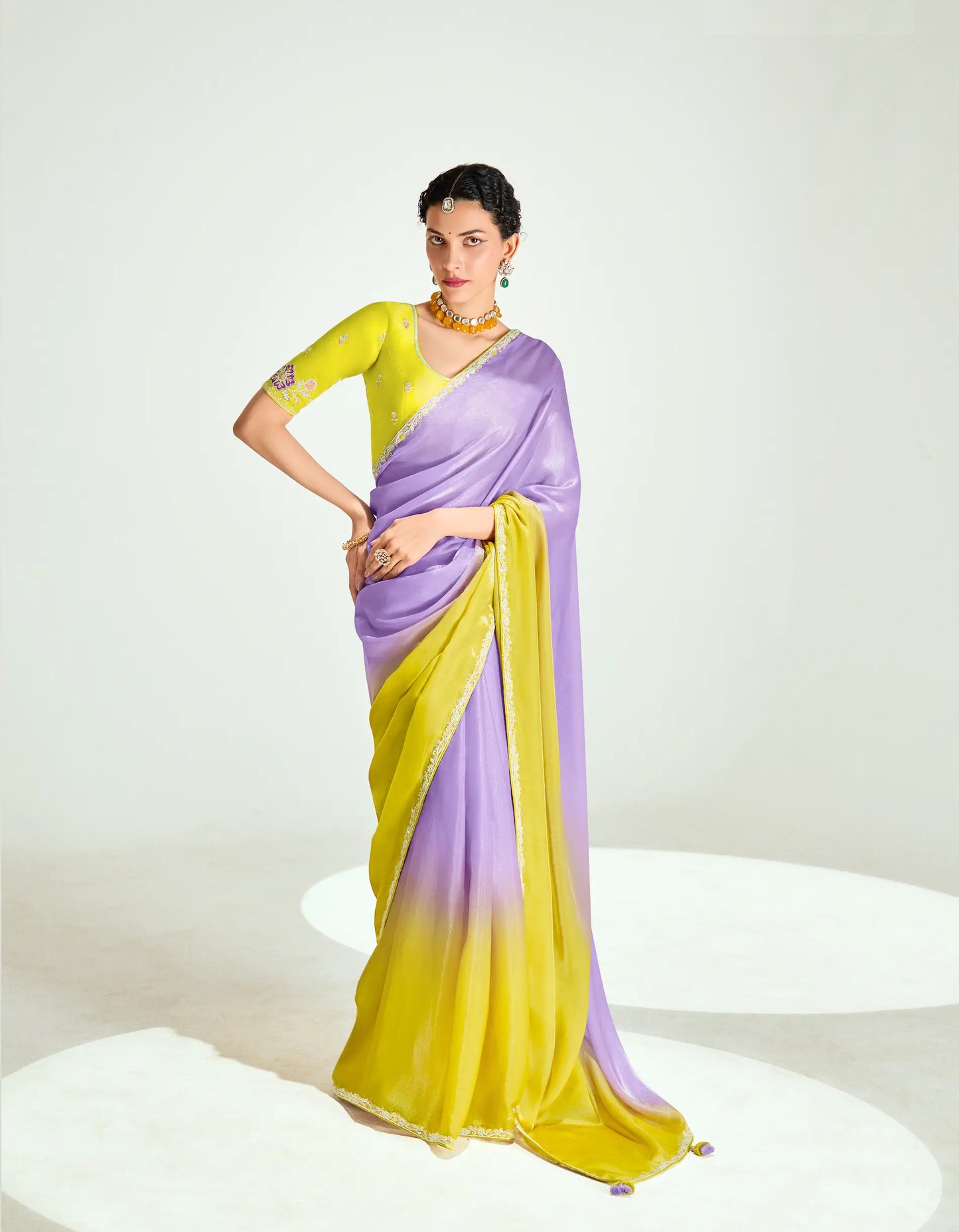 Lemon Yellow-Lavender Organza Embroidery Saree