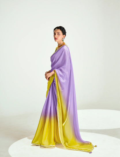 Lemon Yellow-Lavender Organza Embroidery Saree