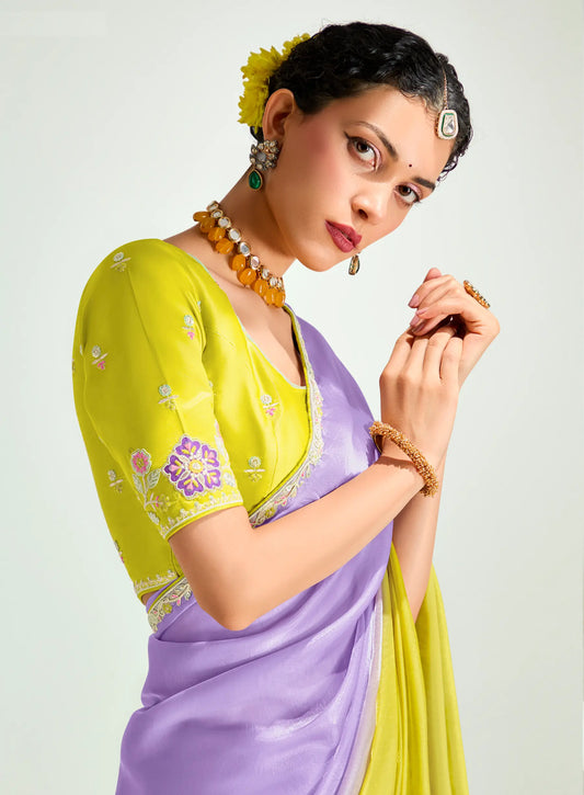 Lemon Yellow-Lavender Organza Embroidery Saree