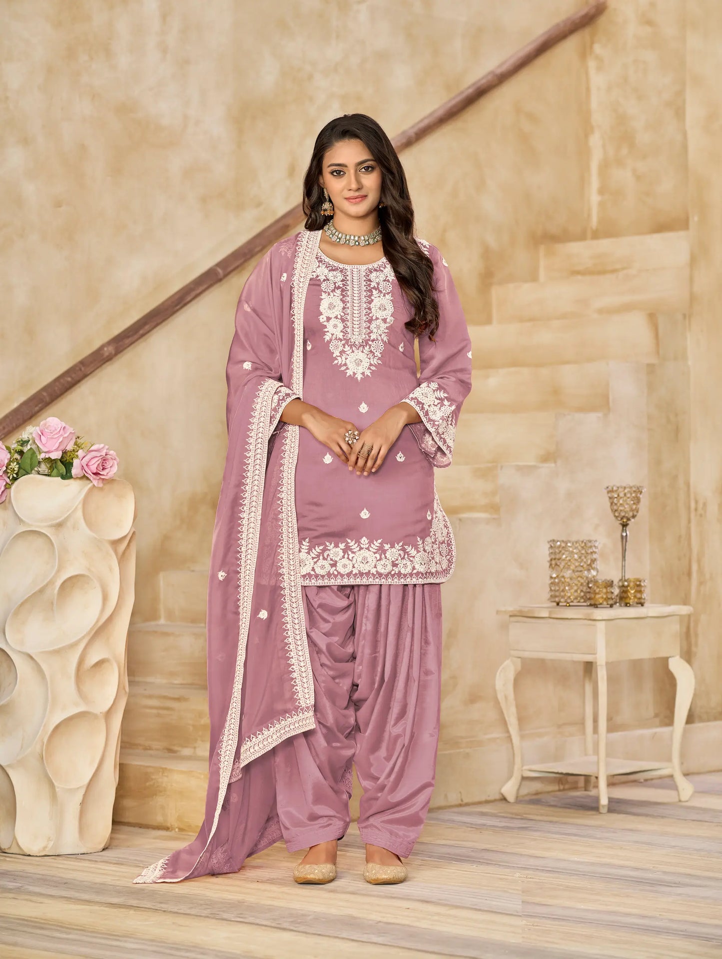 Dusty Pink Roman Silk Embroidery Work Salwar Suit