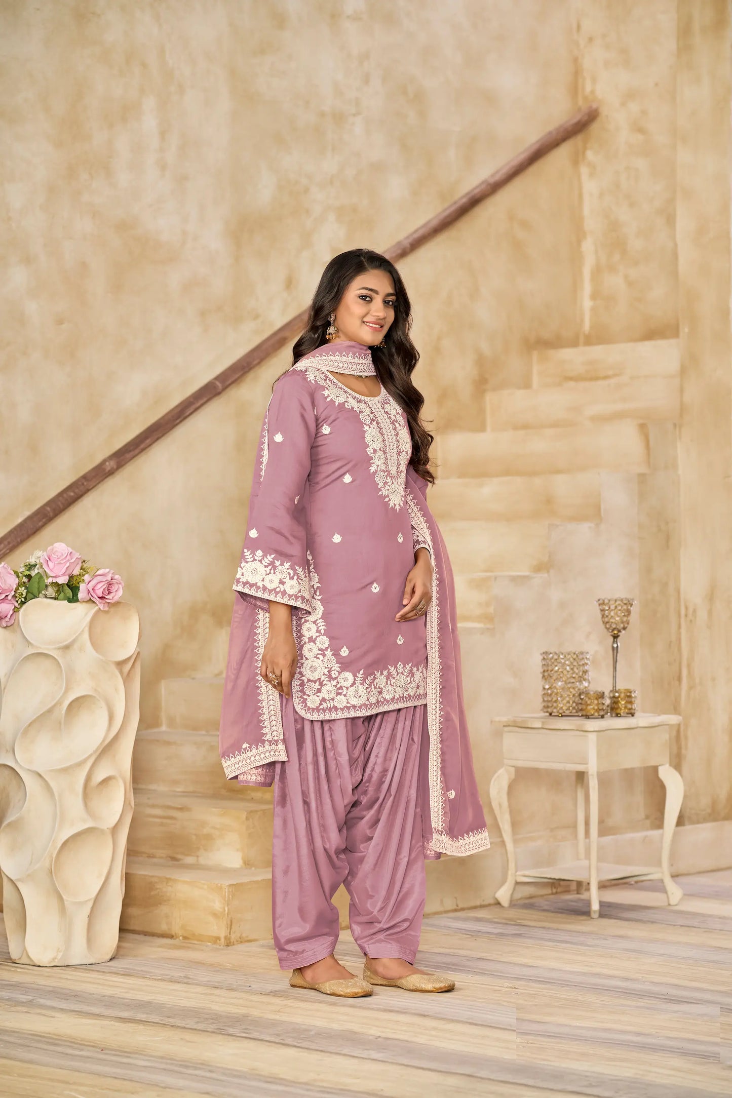 Dusty Pink Roman Silk Embroidery Work Salwar Suit