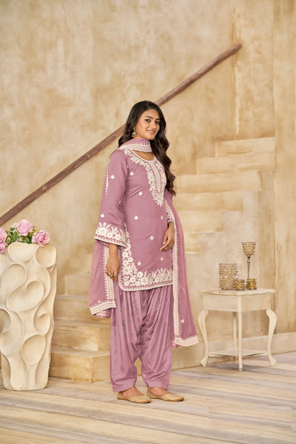 Dusty Pink Roman Silk Embroidery Work Salwar Suit