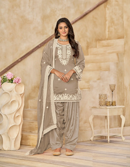 Dusty Brown Roman Silk Embroidery Work Salwar Suit