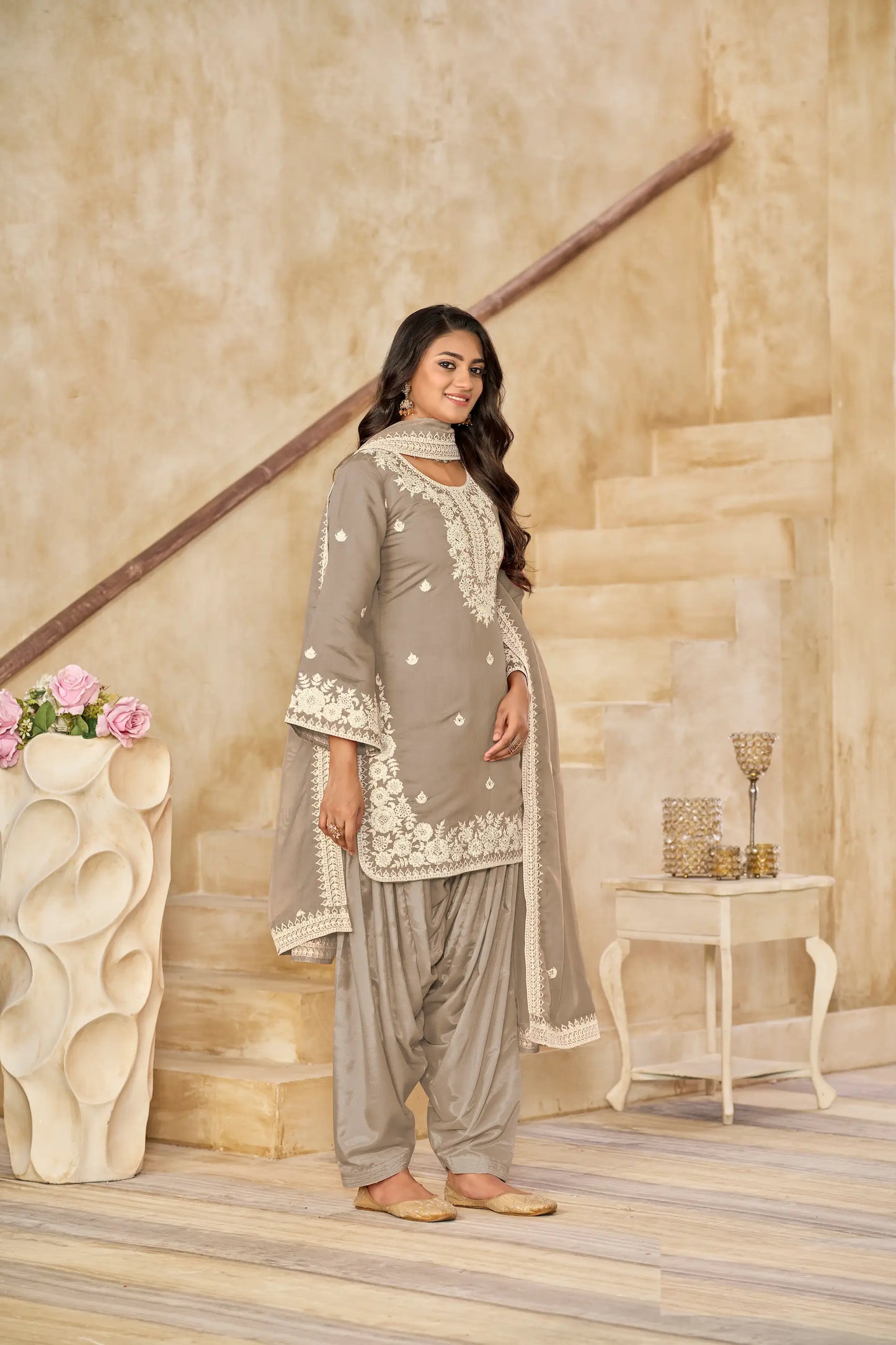 Dusty Brown Roman Silk Embroidery Work Salwar Suit