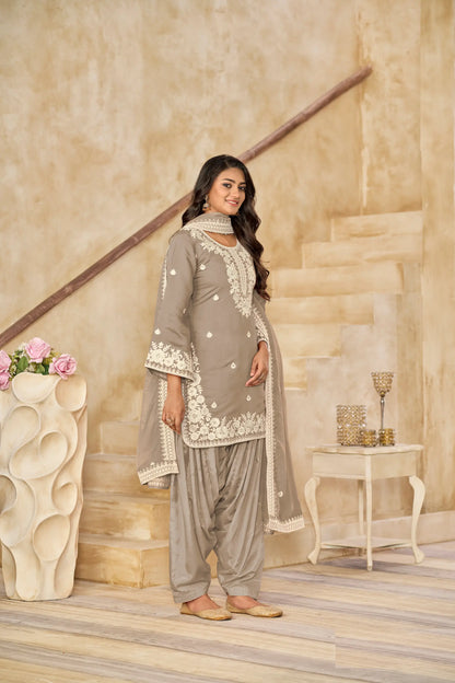 Dusty Brown Roman Silk Embroidery Work Salwar Suit