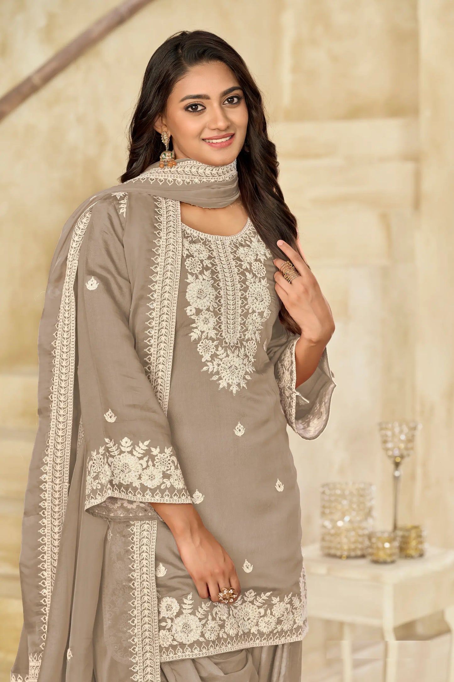 Dusty Brown Roman Silk Embroidery Work Salwar Suit