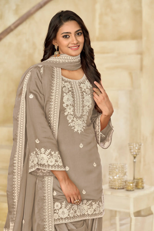 Dusty Brown Roman Silk Embroidery Work Salwar Suit