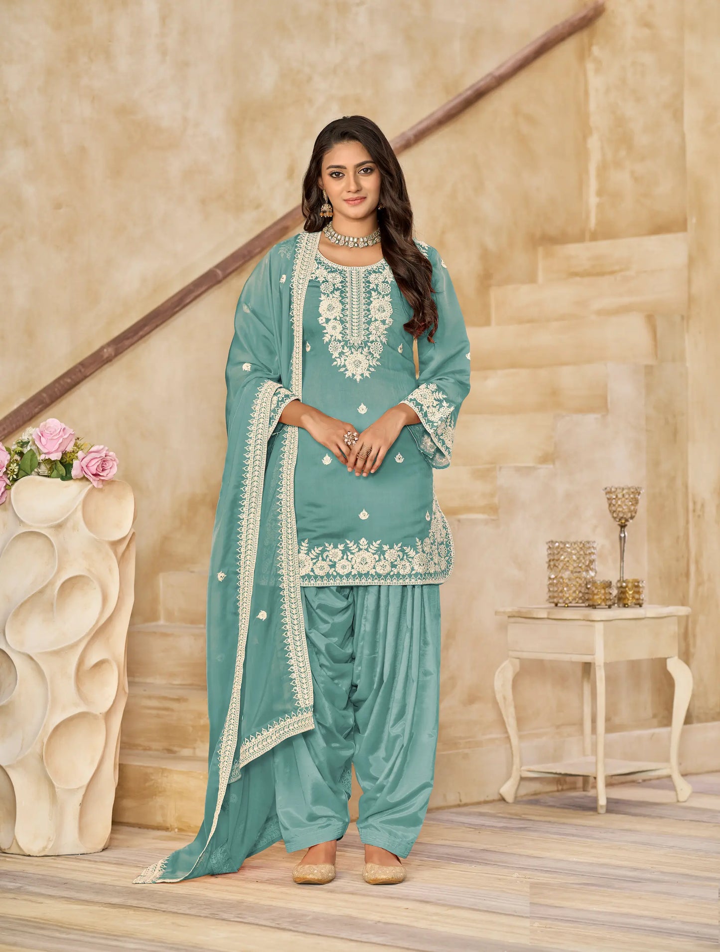 Greyish Teal Roman Silk Embroidery Work Salwar Suit