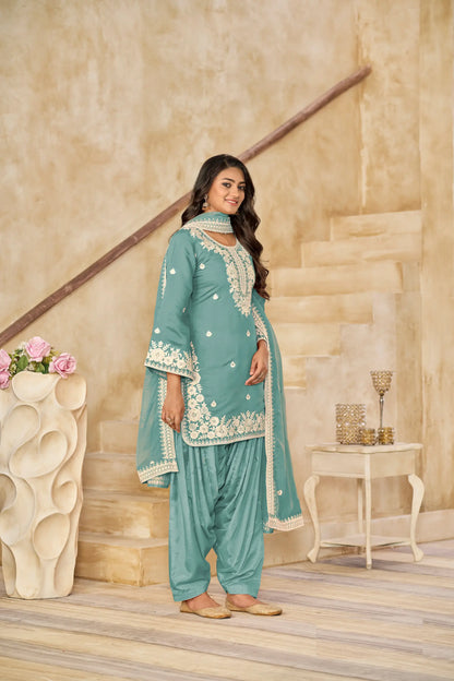 Greyish Teal Roman Silk Embroidery Work Salwar Suit