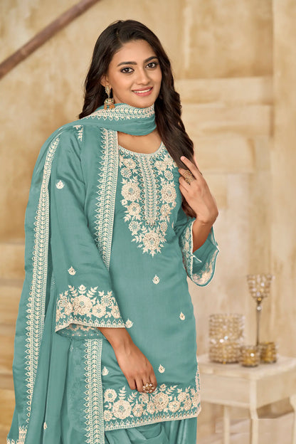 Greyish Teal Roman Silk Embroidery Work Salwar Suit
