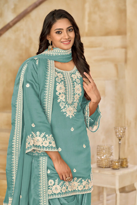 Greyish Teal Roman Silk Embroidery Work Salwar Suit