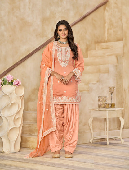 Peach Roman Silk Embroidery Work Salwar Suit