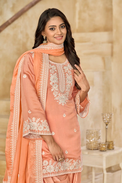 Peach Roman Silk Embroidery Work Salwar Suit