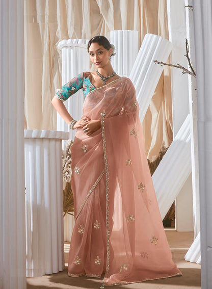 Dusty Peach Fancy Tissue Embroidery Work Saree